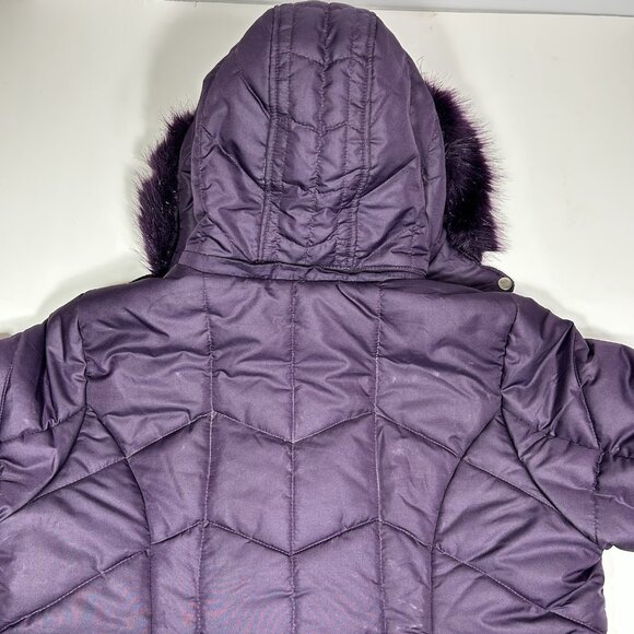 Catherines Women Puffer Jacket Purple Chevron Coat Zip Up Hooded Faux Fur Sz 0X - Picture 10 of 13